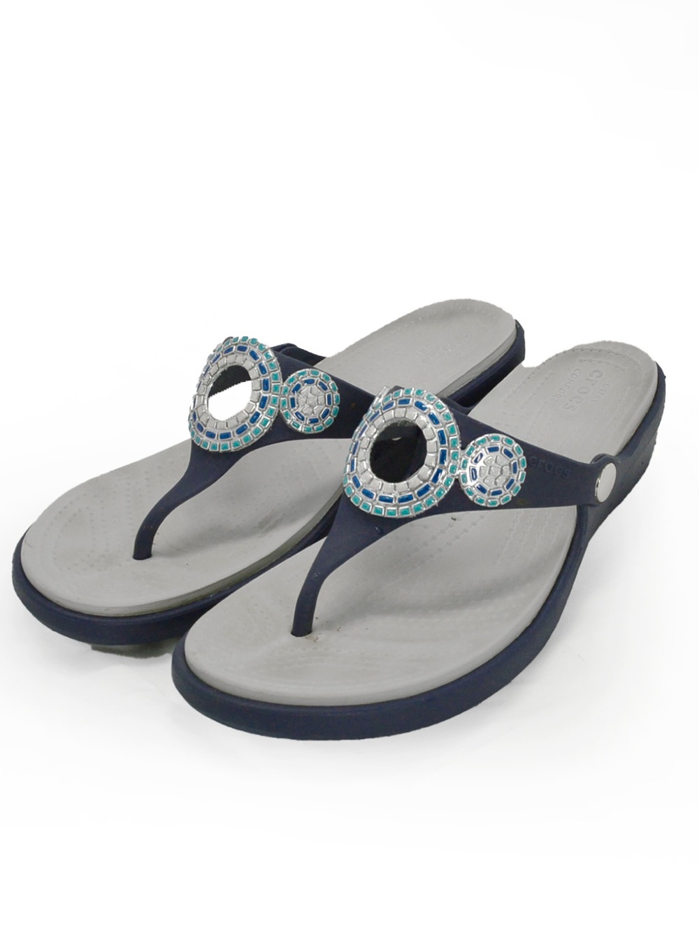 Crocs Sanrah Diamante Embellished Wedge Flip Flop Sandals Navy Womens Size 9